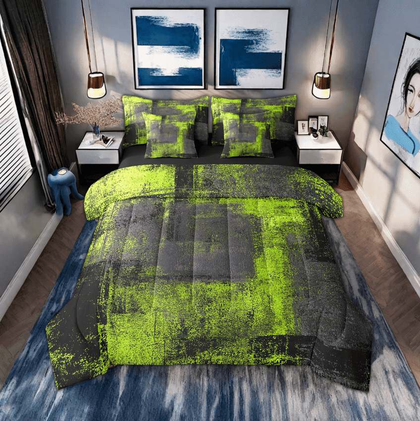 Grunge Lime Green Bedding Sets Black Grey Ombre Abstract King Comforter Set With Sheets 7 Piece Hippie Graffiti Tie Dye Bed In A Bag,Modern Oil Painting Geometric Bedding Comforter Sets