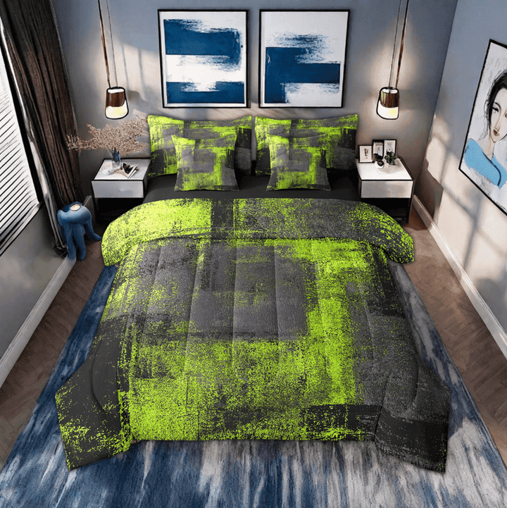 Grunge Lime Green Bedding Sets Black Grey Ombre Abstract King Comforter Set With Sheets 7 Piece Hippie Graffiti Tie Dye Bed In A Bag,Modern Oil Painting Geometric Bedding Comforter Sets