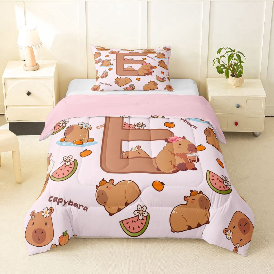 Erosebridal Kawaii Capybara Letter Monogrammed E Twin Comforter Sets 3-Piece For Boys Girls,Cute Food Fruit Food Animal Bedding Set For Kids,Pink Reversible