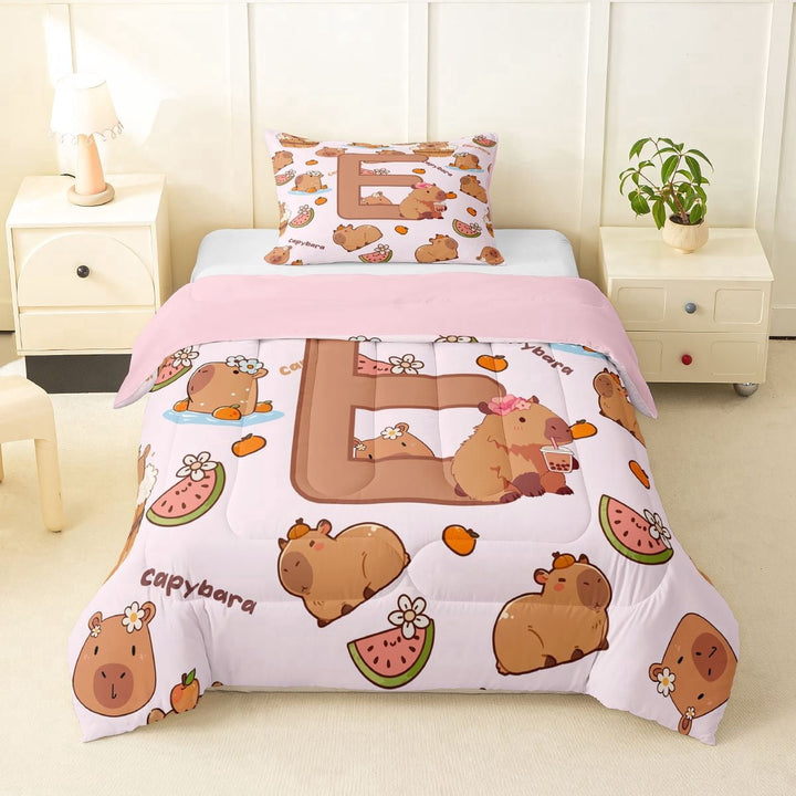 Erosebridal Kawaii Capybara Letter Monogrammed E Twin Comforter Sets 3-Piece For Boys Girls,Cute Food Fruit Food Animal Bedding Set For Kids,Pink Reversible