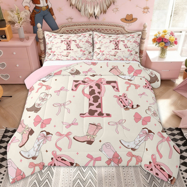 Erosebridal Western Princess Bow Boot Full Size Comforter Sets, Cartoon Letter T Bedding Sets for Girls Kids, Pink Reversible, 3-Piece
