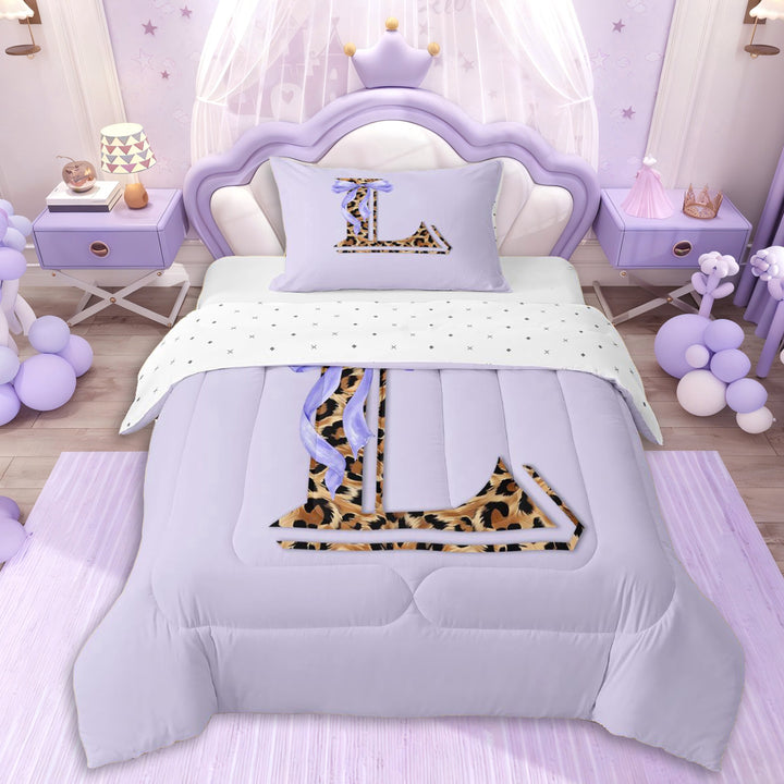 Erosebridal Teens Personalized Initial L Twin Comforter Sets 3-Piece,Girls Purple Bow Cheetah Print Bedding Set,Ultra Soft Home Decor