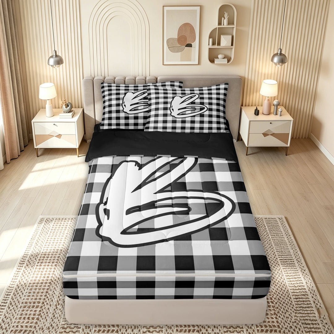 meiyoeat Graffiti Letter B Zipper Comforter Set with Fitted Sheet and 2 Pillowcases for Kids, Checkered Grid Zipper Bedding Set, Black White, Black Reversible, 3pcs
