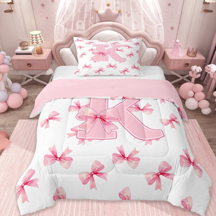 Erosebridal Cute Coquette Bowknot Twin Comforter Sets,Girls Pink K Alphabet Bedding Set For Bowtie Lovers, Reversible 2 Pieces