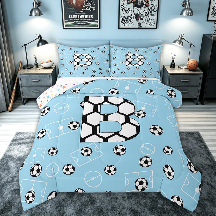 meiyoeat Soccer Letter B Full Size Comforter Sets for Kids, Cartoon Football Sports Bedding Comforter Set, Blue, Colorful Stars Reversible 3 Pieces, 1 Comforter and 2 Pillowcases