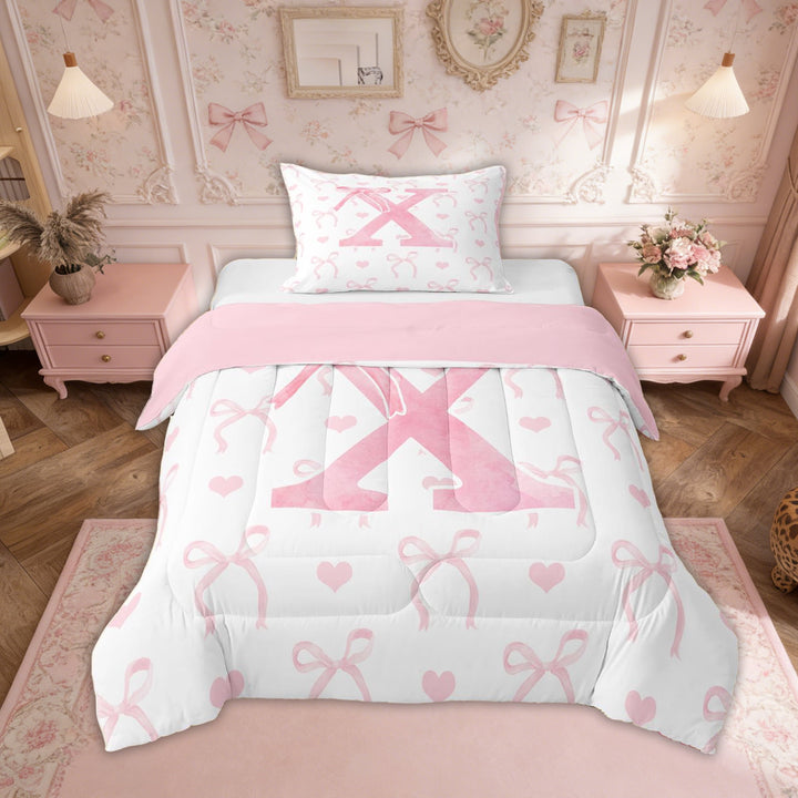 Erosebridal Pink Bow Tie Bedding Twin Comforter Set, Initial X Letter Down Comforter, Cute Catoon Decor, Reversible 2-Piece