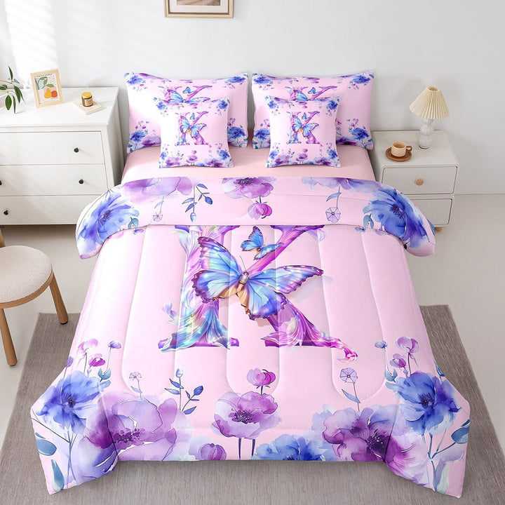 Erosebridal Butterfly Bedding Twin Size,Personalized Letter K Bed Set,Pink Purple Flower Bedding Sets Twin Size For Girl,Microfiber Room Decoration Reversible,7pcs