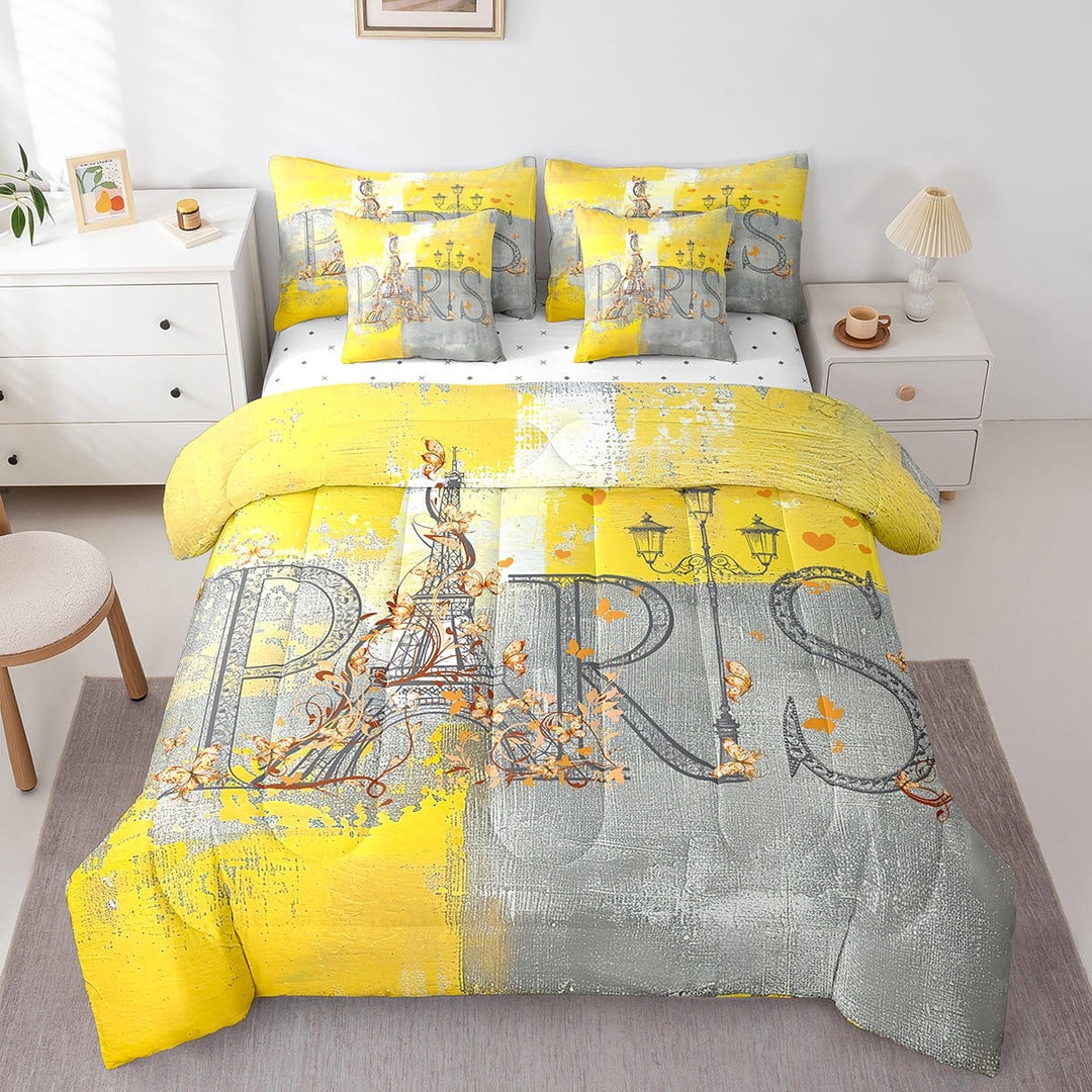 Erosebridal Paris Print Bedding Comforter Sets 7 Pieces Yellow Grey Bedding Set, Abstract Queen Size Comforter Set (1 Comforter, 1 Fitted Sheet, 1 Flag Sheet, 2 Pillowcases, 2 Throw Pillow Covers)