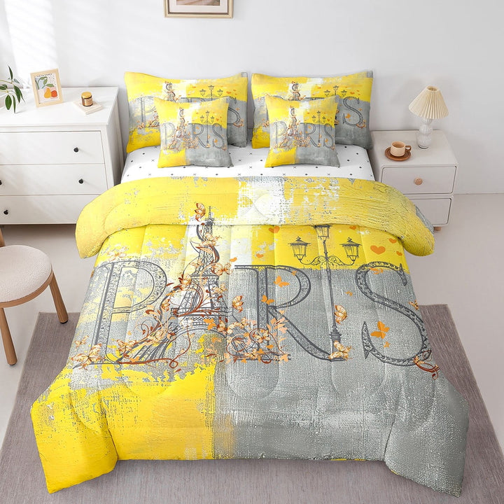 Erosebridal Paris Print Bedding Comforter Sets 7 Pieces Yellow Grey Bedding Set, Abstract Queen Size Comforter Set (1 Comforter, 1 Fitted Sheet, 1 Flag Sheet, 2 Pillowcases, 2 Throw Pillow Covers)