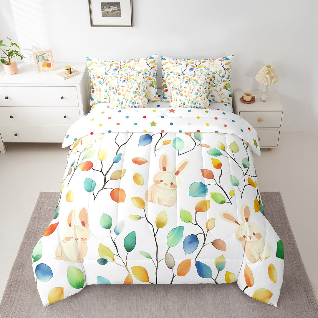 Erosebridal Kawaii Rabbit Twin Comforter Set 7pcs Chic Elegant Floral Bedding Comforter Sets, Woodland Animal Bed in a Bag Watercolor Leaves Bedding Set, Tropical Plant Bed Sheets Set