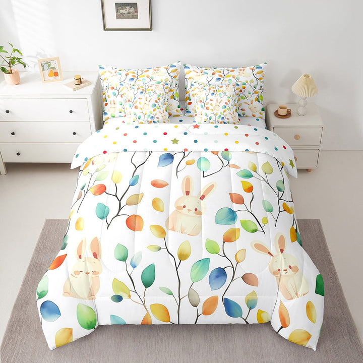 Erosebridal Kawaii Rabbit Twin Comforter Set 7pcs Chic Elegant Floral Bedding Comforter Sets, Woodland Animal Bed in a Bag Watercolor Leaves Bedding Set, Tropical Plant Bed Sheets Set