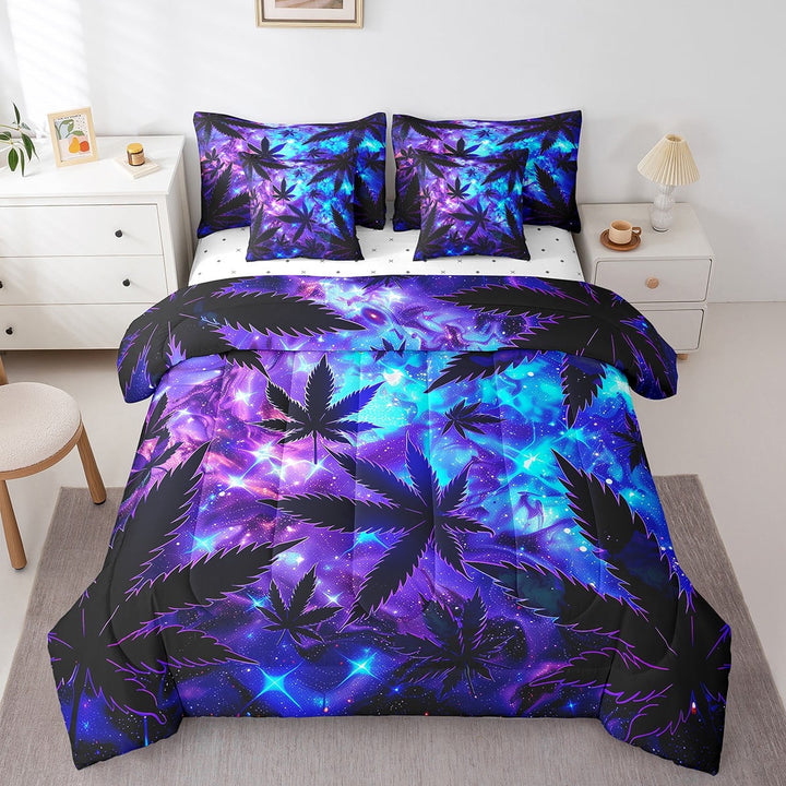 Cannabis Leaves 7 Pcs Comforter Set Twin,Marijuana Weed Leaf Bed in a Bag with Flat Sheet and Fitted Sheet,Exotic Purple Blue Starry Sky Gothic Galaxy Bedding Set with Pillowcase &amp; Sham