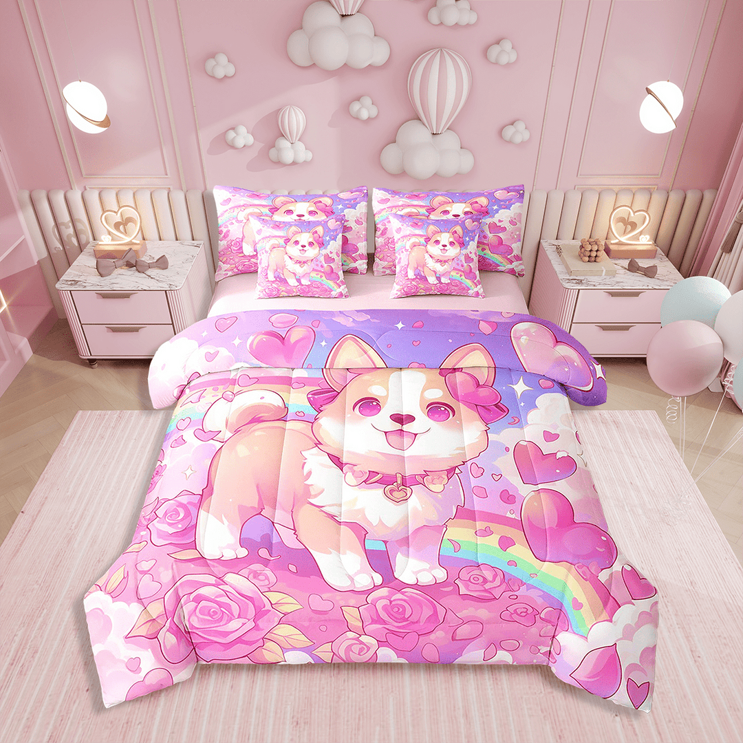 Dog Bed In A Bag Kawaii Corgi Twin Comforter Set 7-Piece Cute Puppy Heart Watercolor Bedding Sets Cartoon Pet Pug Animals Top Sheet Purple Pink Teens