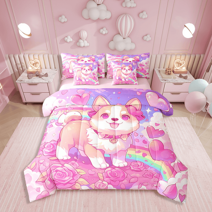 Dog Bed In A Bag Kawaii Corgi Twin Comforter Set 7-Piece Cute Puppy Heart Watercolor Bedding Sets Cartoon Pet Pug Animals Top Sheet Purple Pink Teens
