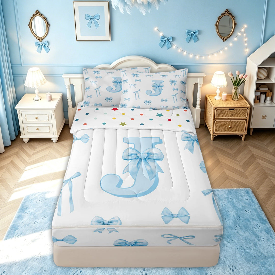 meiyoeat Bow Letter J Zipper Comforter Set with Fitted Sheet and 2 Pillowcases for Girls, Gingham Ribbon Zipper Bedding Set for Bedroom, Blue, Polkadot Reversible, 3pcs