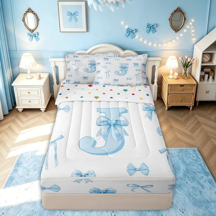 meiyoeat Bow Letter J Zipper Comforter Set with Fitted Sheet and 2 Pillowcases for Girls, Gingham Ribbon Zipper Bedding Set for Bedroom, Blue, Polkadot Reversible, 3pcs
