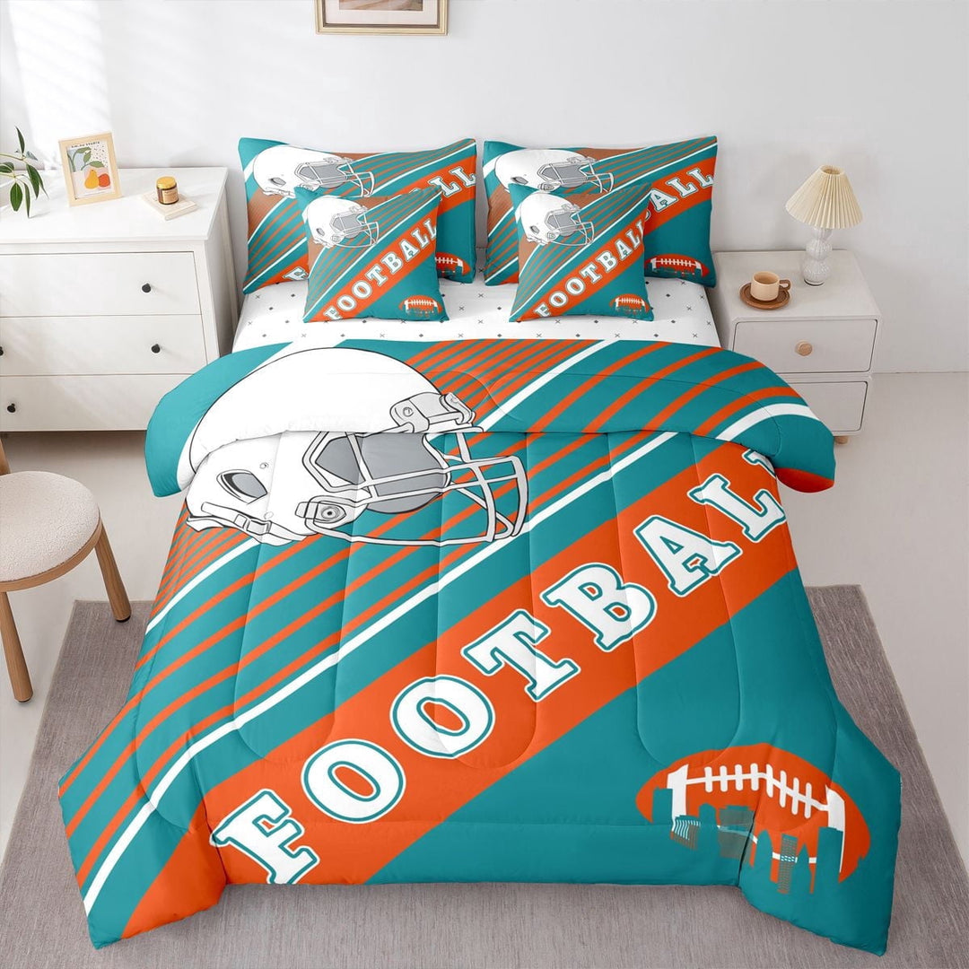 American Football Comforter Sets Twin Size 3D Football Bedding Bed In A Bag(Comforter+Fitted+Flat Sheet+2 Pillowcases+2 Throw Pillow Covers) 7 Pieces Sports Bed Set