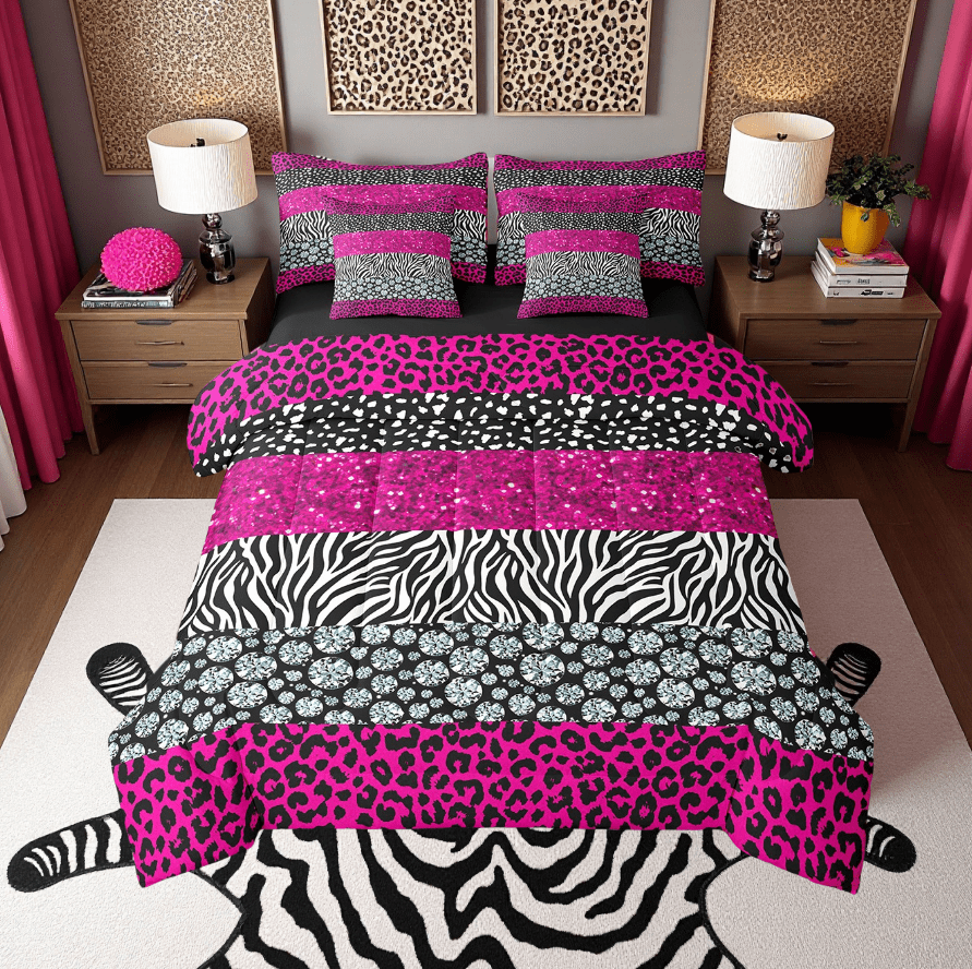 Girly Pink Cheetah Print Comforter Set Queen, Rustic Cheetah Zebra Animal Patchwork Print Bedding (Comforter+Fitted+Flat Sheet+2 Pillowcases+2 Throw Pillow Covers) 7 Pieces Bed Set