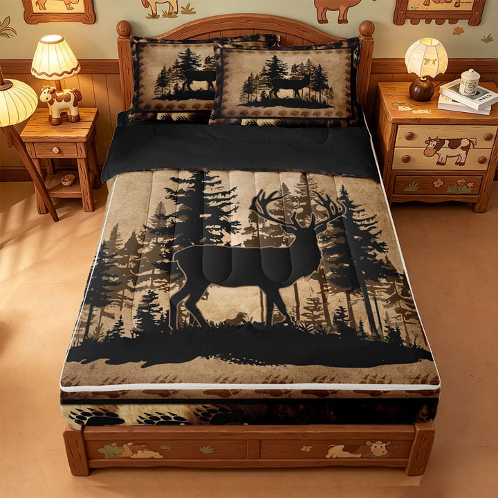 meiyoeat Vintage Deer Silhouette Zipper Full Size Comforter Sets with Fitted Sheet and 2 Pillowcases, Rustic Paw Print Zipper Bedding Set For Boys Kids,Black Reversible,4 Pieces