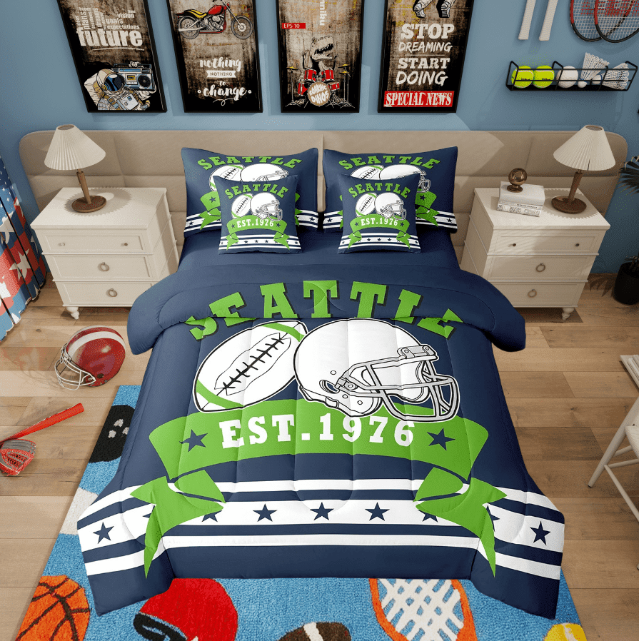 7Pcs Football Sports Bedding Full, American Football Gifts Comforter Sets For Sports Fans - 1 Comforter, 1 Flat Sheet 1 Fitted Sheet 2 Pillowcases 2 Throw Pillow Covers (Seattle)