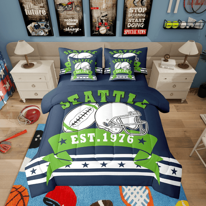 7Pcs Football Sports Bedding Full, American Football Gifts Comforter Sets For Sports Fans - 1 Comforter, 1 Flat Sheet 1 Fitted Sheet 2 Pillowcases 2 Throw Pillow Covers (Seattle)
