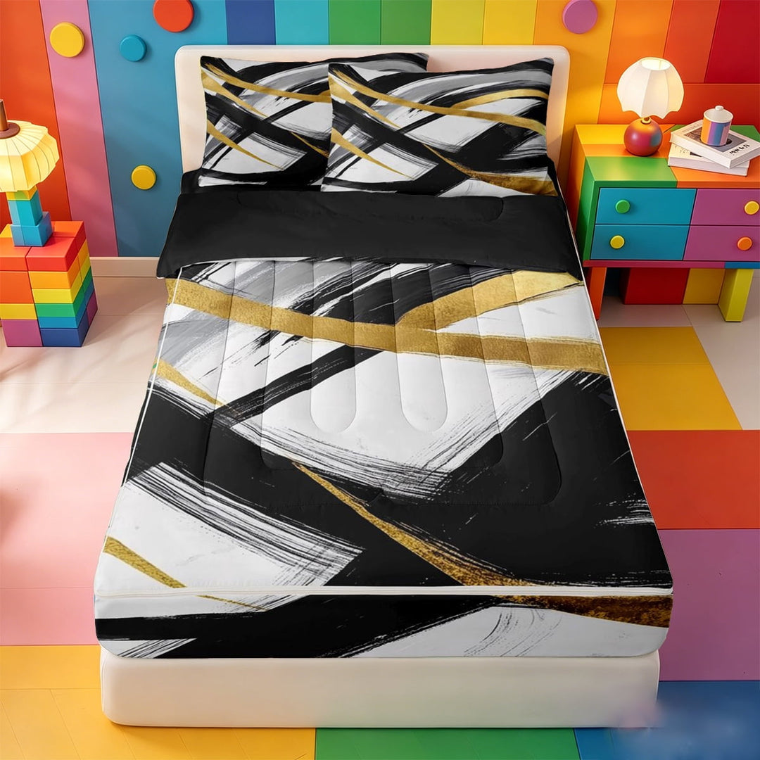 meiyoeat Black Gold Graffiti Zipper Full Size Comforter Sets with Fitted Sheet and 2 Pillowcases For Kids,Modern Abstract Geometric Zipper Bedding Set For Adults,Black Reversible,4 Pieces