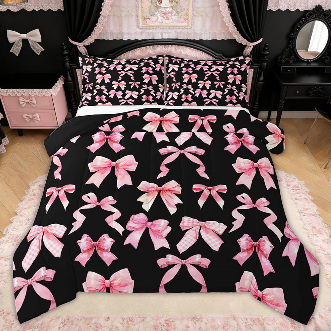 Erosebridal Watercolor Gingham Bow Queen Comforter Set for Girls, Black Pink Bow Bedding Comforter Set for Women, Black Reversible, 3pcs