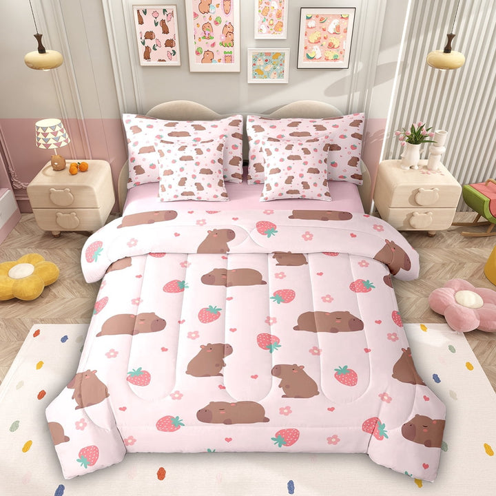 Erosebridal Cute Capybara Twin Bedding Sets for Girls, Pink Strawberry Bedding Comforter Set, Pink Reversible, 7-Piece