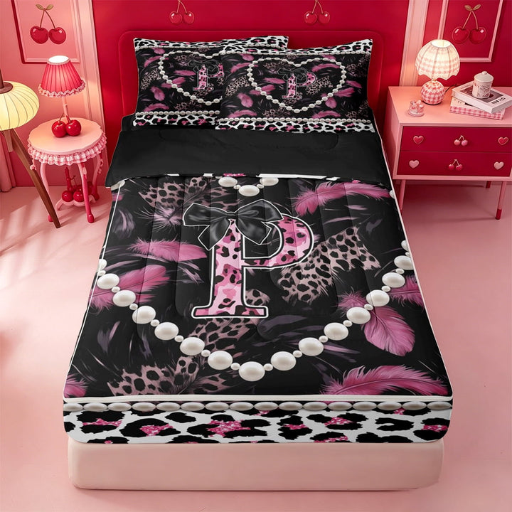 meiyoeat 3D Cartoon Pearl Bowknot Zipper Full Size Comforter Sets with Fitted Sheet and 2 Pillowcases For Girls,Black Bow Initial Print P Zipper Bedding Set For Kids,black Reversible,4-Piece