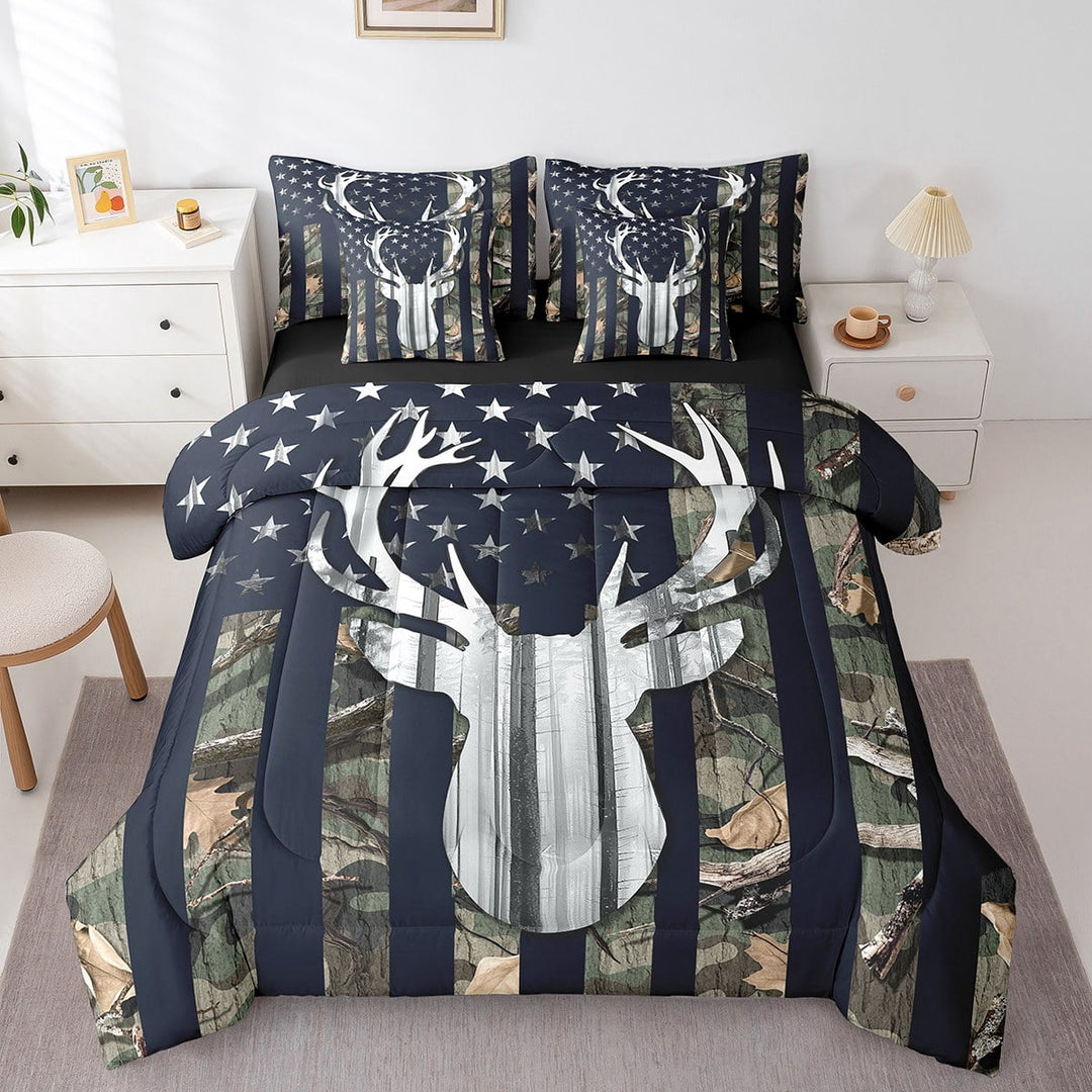 Erosebridal Camo Twin Size Flag Bedding Set 7 Pieces for Men, Deer Antlers Army Green American Flag Quilt Set,Western Farmhouse Animal Hunting Comforter Set, Black Reversible