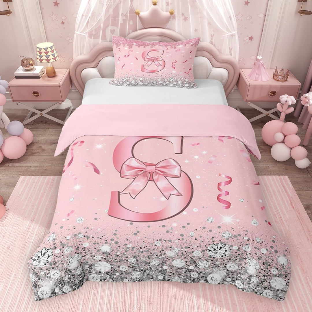 Erosebridal Dreamy Glitters Print Twin Bedding for Girls, Pink Bling S Letter Duvet Cover Set, Pink Reversible 2pcs, 1 Duvet Cover and 1 Pillowcase (No Comforter)