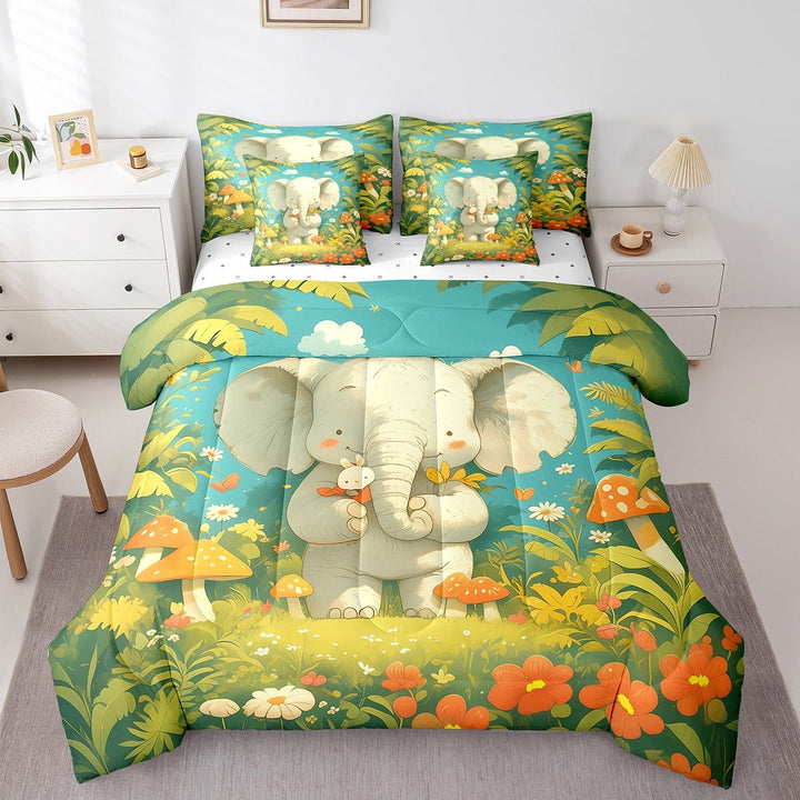 7Pcs Cartoon Elephant Comforter Set Cartoon Animal Bedding Twin Red Mushrooms Botanical Flowers Comforter + Flat Sheet + Fitted Sheet + 2 Pillowcases + 2 Throw Pillow Covers