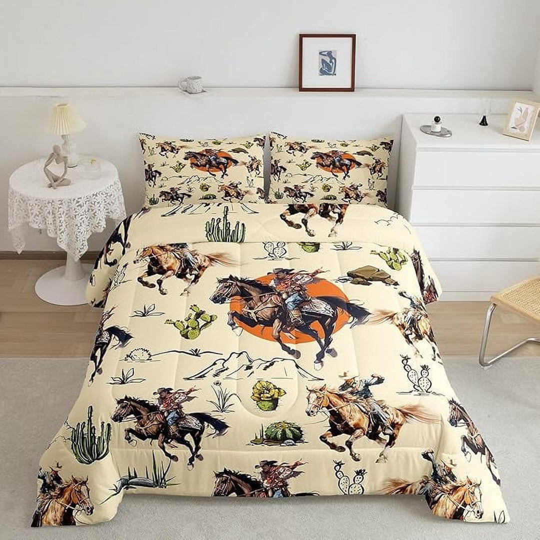 Western Cowboys Horses Bedding Comforter Sets Queen,Retro Farmhouse Style Tropical Cactus Plants Bedding Set for Bedroom D¨¦cor