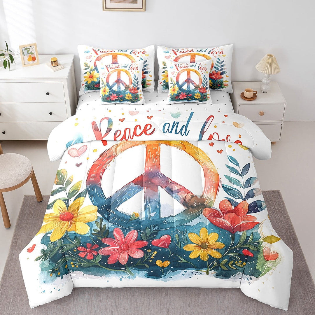 Hippie Peace Bedding Set Decroative Boho Hippie Flowers Comforter 7 Pieces Twin,Bohemian Peace Sign Bed In A Bag Watercolor Floral Sheet Set With Comforter for Bedroom,Teal Blue