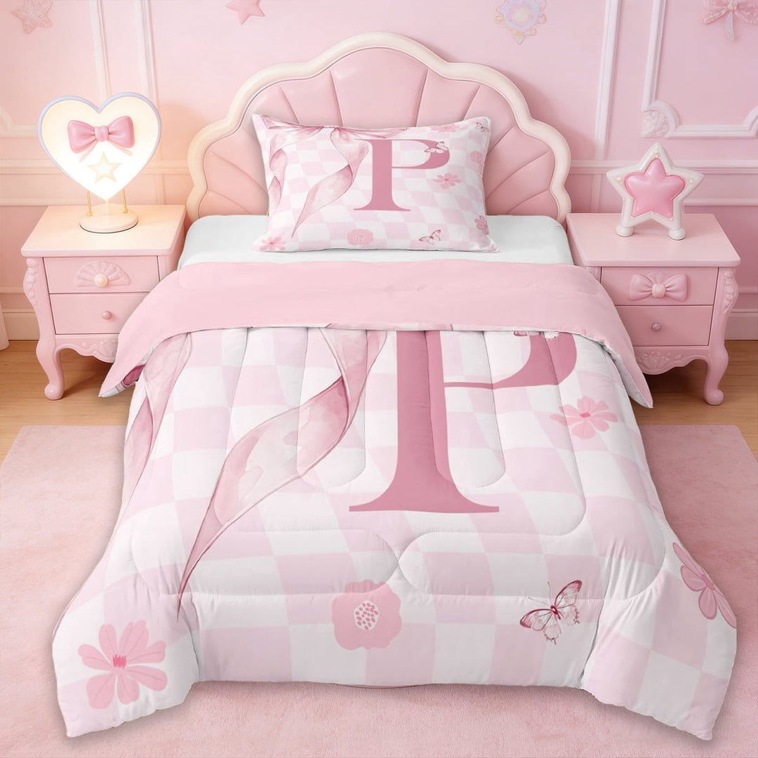 Erosebridal Initial Alphabet P Kids Twin Comforter Sets,Pink Floral Flowers Bedding Set For Bowtie Girls,Reversible pink,2pcs
