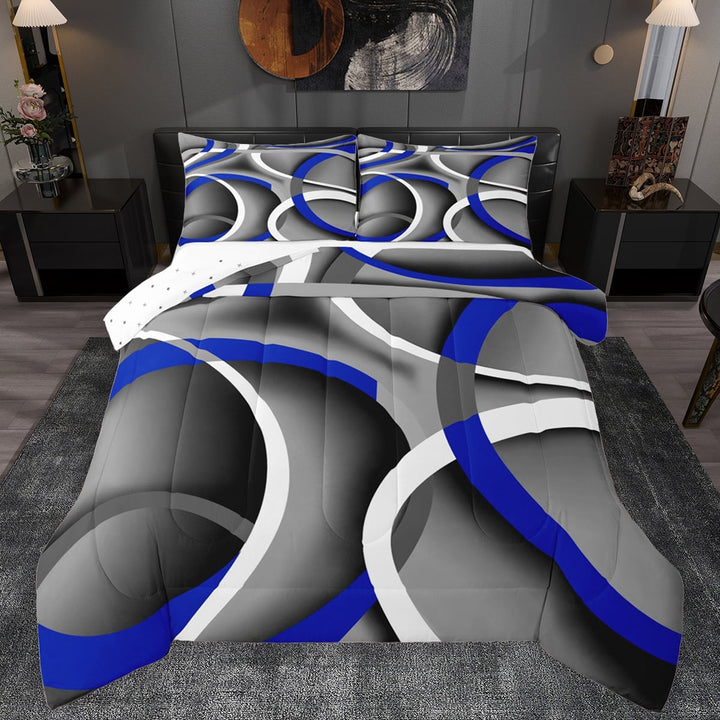 Manfei Retro Striped Pattern Queen Comforter Set,Modern Abstract Geometric Bedding Sets,Gblue White Gray Bedding Comforter Set For Teens,Luxury Bedroom Decor Reversible,3 Pieces