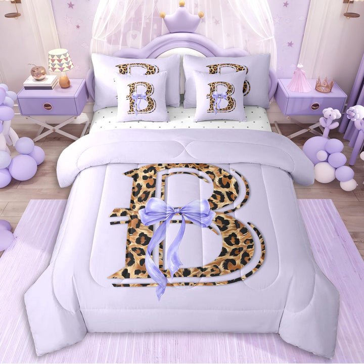 Erosebridal Purple Bowknot Letter Monogrammed B Twin Bedding Sets 7-Piece For Girls,Teens Animal Leopard Print Bedding Comforter Set,Luxury Bedroom Decor