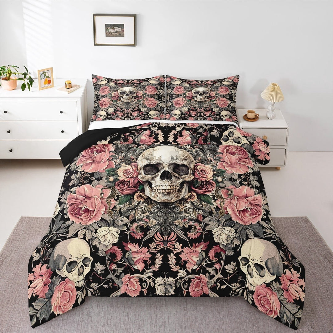Manfei Horror Halloween Skull Full Size Comforter Sets,Romantic Flower Rose Bedding Comforter Set,Gothic Theme Bedding Sets For Teens,Microfiber Bedroom Decor Reversible,3-Piece