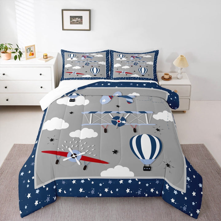 Cartoon Airplane Comforter Set Twin Size Navy Stripes Hot Air Balloon Aircraft Bedding Set Teens Room Decor Cloud Starry Moon Quilt Set Chic Grey Duvet Insert