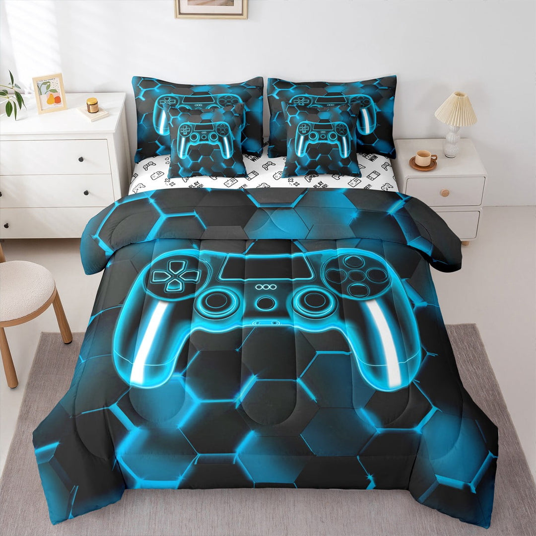 Erosebridal 3D Gamepad Bed in a Bag Twin size, Honeycomb Geometric Bed Set, Gamer Gaming Reversible Bedding Twin Size, Ultra Soft Room Decor, 7 Pieces