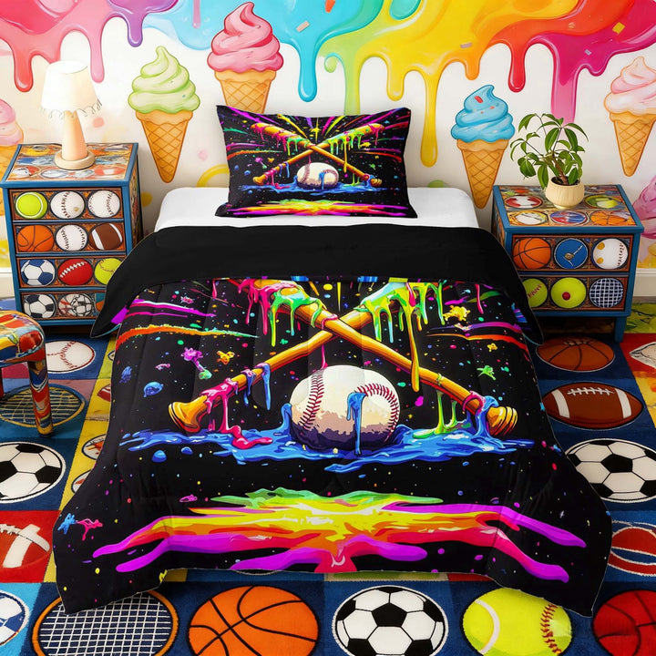 Erosebridal Psychedelic Baseball Twin Comforter Sets, Cute Sport Bedding Set for Girls and Boys, Black Reversible 2-Piece, 1 Comforter and 1 Pillowcase