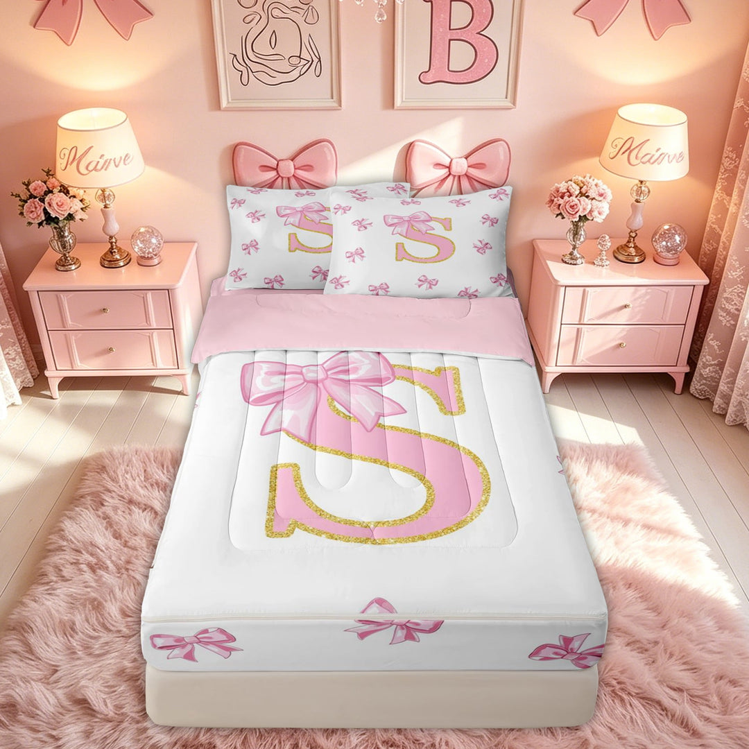 meiyoeat Kawaii Bow Letter S Zipper Full Size Comforter Sets with Fitted Sheet and 2 Pillowcases for Women Girls, Girly Pink Princess BowknotZipper Bedding Set, Pink Reversible, 4 Pieces