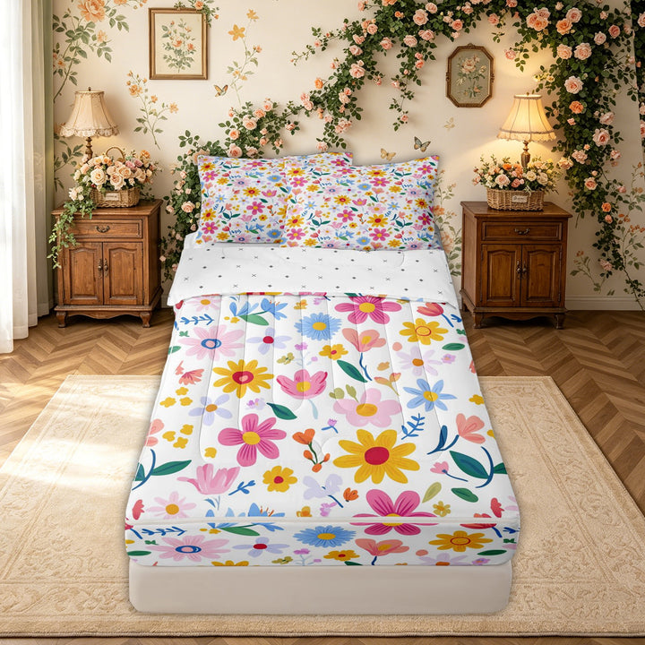 meiyoeat Spring Garden Flower Zipper Twin Comforter Sets with Fitted Sheet and 2 Pillowcases for Kids Girls, Colorful Cartoon Floral Zipper Bedding Set, Reversible, 4 Pieces