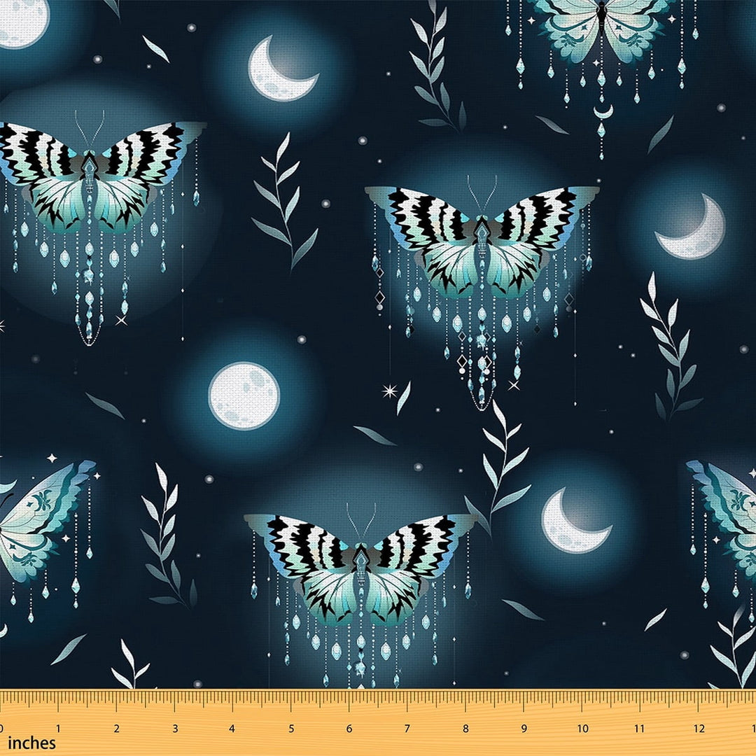 Manfei Hippie Butterfly Fabric by the Yard (1 Yard), Boho Moon Print Decorative Fabric by the Yard, Botanical Plants Leaves Sewing &amp; Crafting Fabric