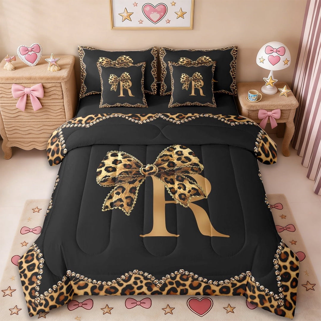 Erosebridal Leopard Pattern Personalized Gifts 7-Piece Twin Bedding Sets,Brown Bow Knots Alphabet R Bedding Comforter Set For Kids Girls,Reversible black