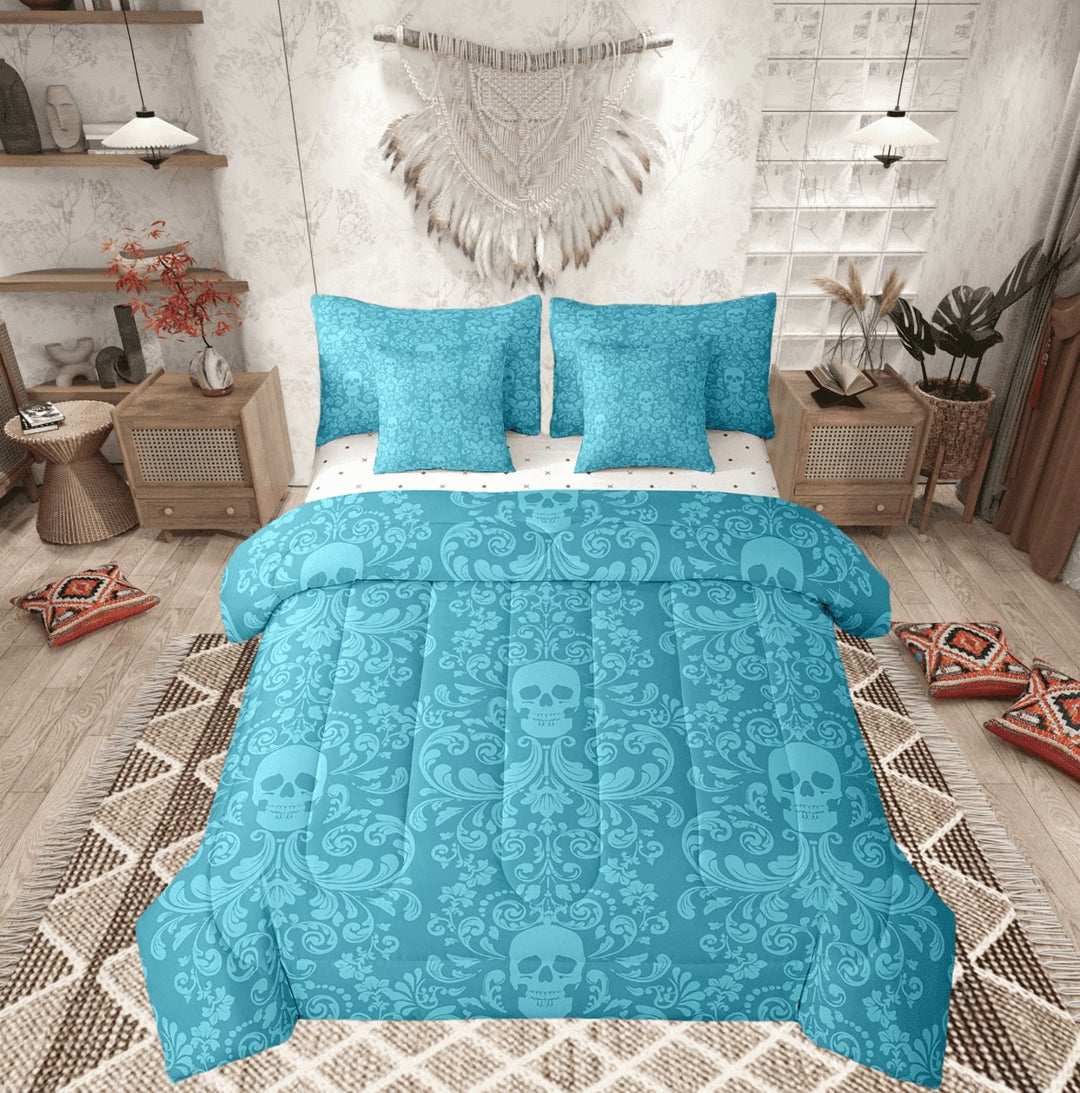 Damask Gothic Bedding Set Adults Antique Victorian Bed in a Bag King Size Comforter Set 7 Pieces,Cyan Blue Sugar Skull Sheet Set Vintage Floral Goth Bed Set,Exotic Bone Skeleton Bohemian Decor