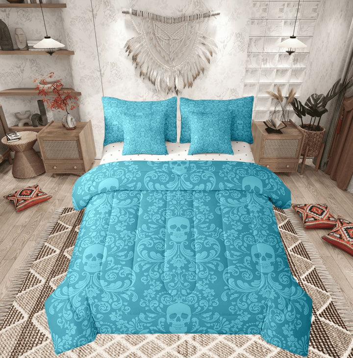 Damask Gothic Bedding Set Adults Antique Victorian Bed in a Bag King Size Comforter Set 7 Pieces,Cyan Blue Sugar Skull Sheet Set Vintage Floral Goth Bed Set,Exotic Bone Skeleton Bohemian Decor