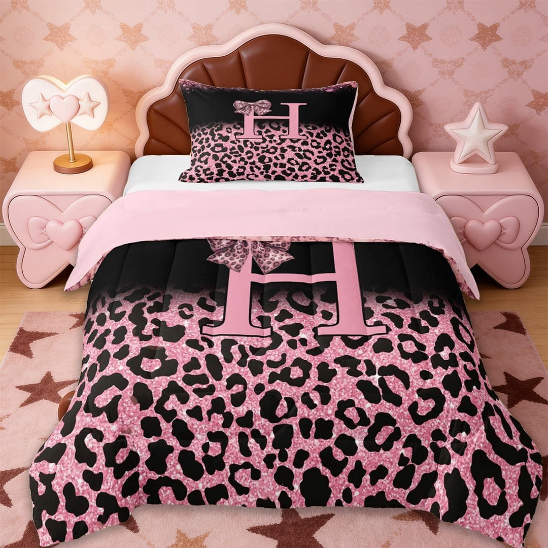 Erosebridal Kids Personalized Leopard Pattern Twin Comforter Sets,Pink Bowknot Alphabet H Bedding Set For Girls Women,Reversible pink,2-Piece