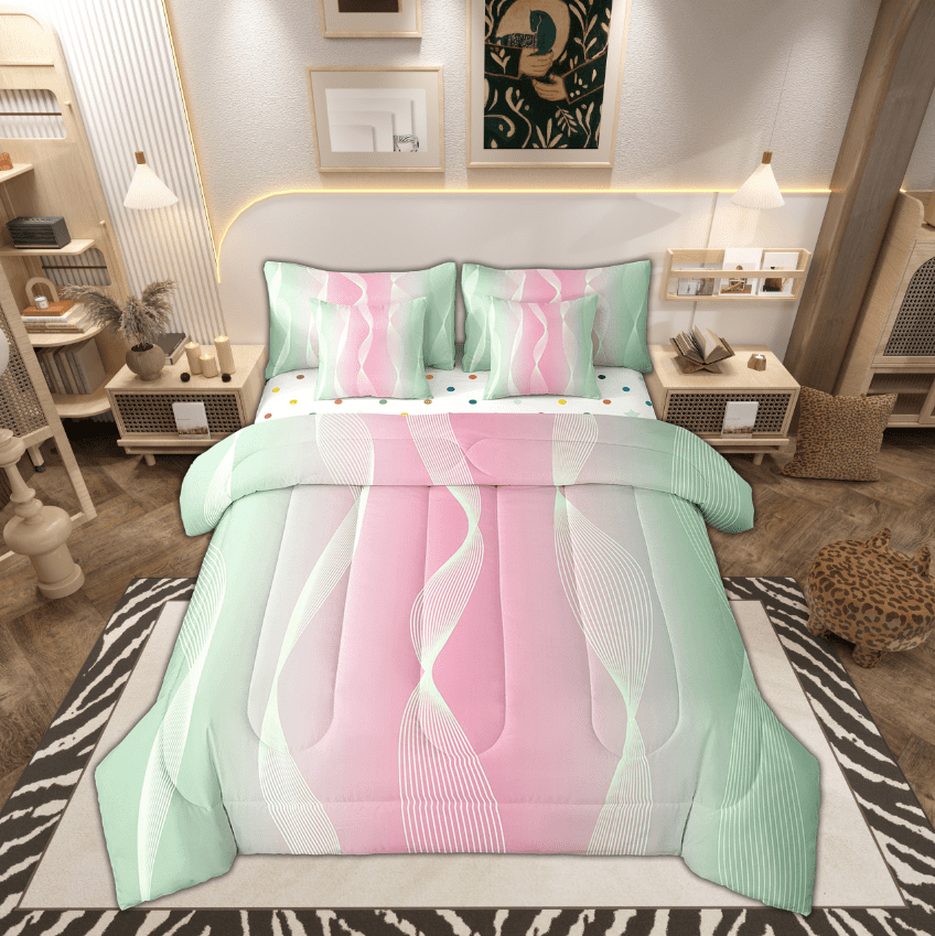 Gradient Sage and Pink Bed in a Bag King Size Comforter Set 7 Pieces,Silver Foil Print Wave Striped Bedding Sets Abstract Ombre Art Sheet Set with Comforter