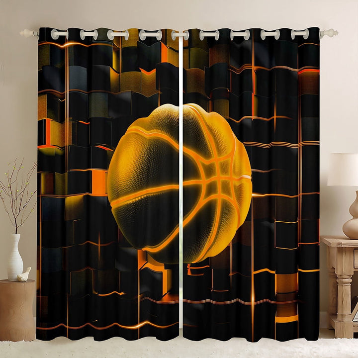 Erosebridal Orange Basketball Curtains Pack of 2 (42x63),Modern Geometric Grid Black Out Curtains,Glowing Neon Light Curtains for Living Room For Teens,Breathable Room Decor